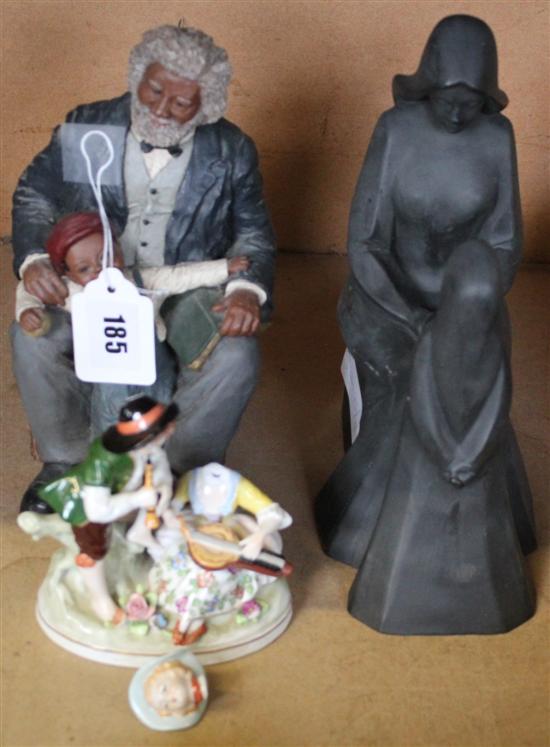 Doulton black basalt figure group & Sitzendorf fig group & another